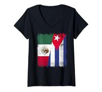 Femme Demi Drapeau du Mexique Cuba Patrimoine cubain Mexicain T-Shirt avec Col en V