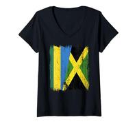 Femme Demi-Drapeau du Rwanda Jamaïque Patrimoine jamaïcain T-Shirt avec Col en V