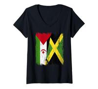 Femme Demi-Drapeau du Sahara Occidental Jamaïque Patrimoine sahraoui jamaïcain T-Shirt avec Col en V