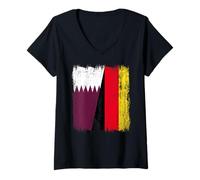 Femme Demi-Drapeau Qatar Allemagne Patrimoine Allemand du Qatar T-Shirt avec Col en V