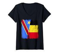 Femme Demi drapeau République démocratique du Congo Belgique T-Shirt avec Col en V