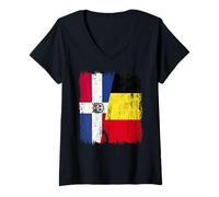 Femme Demi drapeau République dominicaine belge T-Shirt avec Col en V