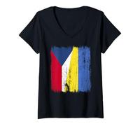 Femme Demi-Drapeau République tchèque Ukraine Patrimoine tchèque ukrainien T-Shirt avec Col en V
