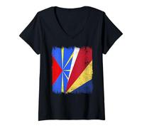 Femme Demi Drapeau Réunion Seychelles Réunion Seychellois Pride T-Shirt avec Col en V
