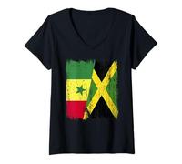 Femme Demi-Drapeau Sénégal Jamaïque Patrimoine sénégalais jamaïcain T-Shirt avec Col en V