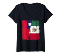 Femme Demi-Drapeau Taiwan Mexique Taiwan Patrimoine Mexicain T-Shirt avec Col en V