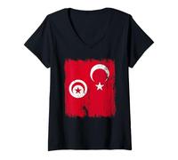 Femme Demi-Drapeau Tunisien Turc Tunisien T-Shirt avec Col en V