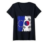 Femme Demi-Drapeau Union européenne Corée du Sud T-Shirt avec Col en V