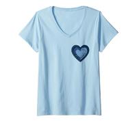 Femme Denim Patchwork Heart Graphic Femme T-Shirt avec Col en V