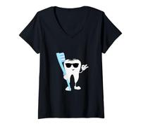 Femme Dent de Dessin animé avec Lunettes de Soleil et Brosse à Dents Dentiste Dentaire T-Shirt avec Col en V