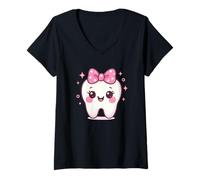Femme Dent mignonne avec nœud pour dentiste, hygiéniste dentaire T-Shirt avec Col en V