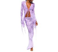 Femme Dentelle Robe Transparente Plage Bikini Cover-Up Eté Plage Mesh Cardigan Sexy Ensemble Jupe 2 Pièces Manches Longues Dentelle Crop Up+Ruché Jupe Y2k Coupe Basse Slim Fit Fête Plage Club Robe