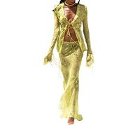 Femme Dentelle Robe Transparente Plage Bikini Cover-Up Eté Plage Mesh Cardigan Sexy Ensemble Jupe 2 Pièces Manches Longues Dentelle Crop Up+Ruché Jupe Y2k Coupe Basse Slim Fit Fête Plage Club Robe