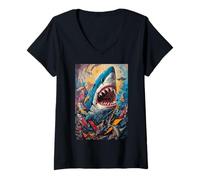 Femme Dents de Requin Océan Apex Jaws Predator T-Shirt avec Col en V