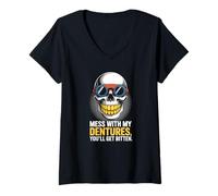 Femme Dentures Skull Retro Funny Bite Back T-Shirt avec Col en V