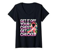 Femme Dépistage Cancer du Sein Rubans Roses T-Shirt avec Col en V