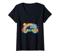 Femme DÉPRESSION avec Arc-en-Ciel ET Dauphins T-Shirt avec Col en V
