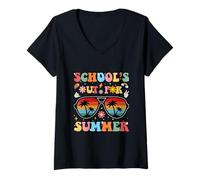 Femme Dernier Jour d'école Groovy Schools Out for Summer Teacher Kid T-Shirt avec Col en V