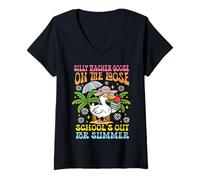 Femme Dernier jour d'école Professeur stupide L'oie en liberté Été T-Shirt avec Col en V