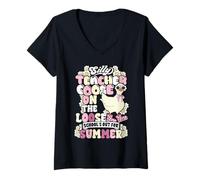 Femme Dernier jour d'école Professeur stupide L'oie en liberté Été T-Shirt avec Col en V