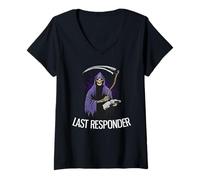 Femme Dernier répondeur drôle Halloween Faucheuse T-Shirt avec Col en V