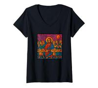Femme Dernière Cène par Leonardo Davinci Graffiti Style T-Shirt avec Col en V