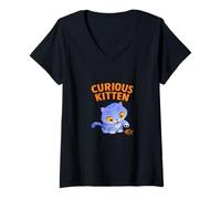 Femme Derpy Chaton Curieux avec Vase à Plantes Motif Chat Amusant T-Shirt avec Col en V