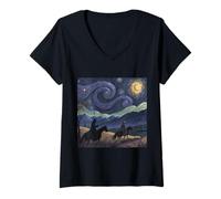 Femme Des cavaliers sous un ciel nocturne tourbillonnant T-Shirt avec Col en V
