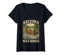Femme des Chevaux Sauvages de l'Arizona errent en liberté avec Un étalon de Western Salt River T-Shirt avec Col en V