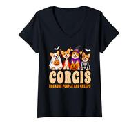 Femme des Corgis drôles Parce Que Les Gens sont des Chiens effrayants pour Halloween T-Shirt avec Col en V