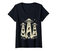 Femme des cryptides Vintage rencontrent des ovnis et des créatures Bigfoot Loch Ness T-Shirt avec Col en V