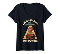 Femme des extraterrestres arrivent pour Donuts Funny UFO T-Shirt avec Col en V