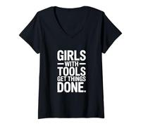 Femme des Filles avec des Outils Font avancer Les Choses T-Shirt avec Col en V
