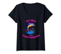 Femme des Filles Chaudes et drôles Ont des problèmes de Ventre Dolphin des années 90 T-Shirt avec Col en V