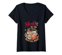 Femme des Livres pour Chats en traîneau Toute la journée à Lire Toute la Nuit T-Shirt avec Col en V