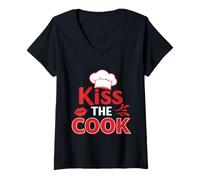 Femme Design Amusant de Cuisine Kiss The Cook T-Shirt avec Col en V
