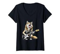 Femme Design Amusant de Loup Jouant de la Guitare électrique pour Les Amateurs de Musique T-Shirt avec Col en V