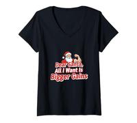 Femme Design Amusant « Dear Santa All I Want is Bigger Gains » T-Shirt avec Col en V
