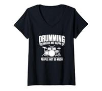 Femme Design Amusant « Drumming Makes Me Happy People Not So Much » T-Shirt avec Col en V
