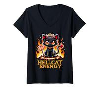 Femme Design Amusant et Mignon de Chat Diable Hellcat Energy T-Shirt avec Col en V