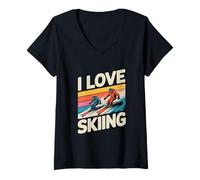 Femme Design Amusant « I Love Ski » de Style rétro T-Shirt avec Col en V