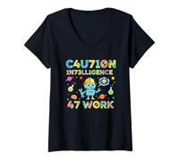 Femme Design Amusant pour Joueur de Leetspeak avec Inscription « Caution Intelligence at Work » T-Shirt avec Col en V