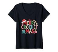 Femme Design Amusant pour Les Amateurs de Crochet Merry Crotchet mas T-Shirt avec Col en V