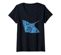 Femme Design Artistique de Raie Manta Tribal Bleu océan Faune T-Shirt avec Col en V