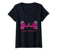 Femme Design « Believe Hope Fight » pour la Sensibilisation au Cancer du Sein T-Shirt avec Col en V