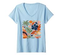 Femme Design de Collage sur la Nature pour des Vacances à la Plage sur T-Shirt avec Col en V