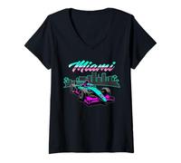 Femme Design de course à grande vitesse avec voiture rapide et vibrations Miami T-Shirt avec Col en V