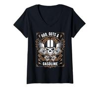 Femme Design de crâne de Sport Automobile rétro God Guts and Gasoline T-Shirt avec Col en V