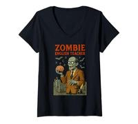 Femme Design de mème d'halloween Amusant pour Professeur d'anglais Zombie T-Shirt avec Col en V