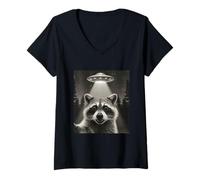 Femme Design de Rencontre avec Un ovni avec Un Raton Laveur | Art de Science-Fiction mystérieux Vintage T-Shirt avec Col en V